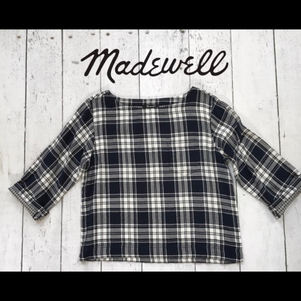 Madewell Navy Plaid 3/4 Sleeve Flannel Top